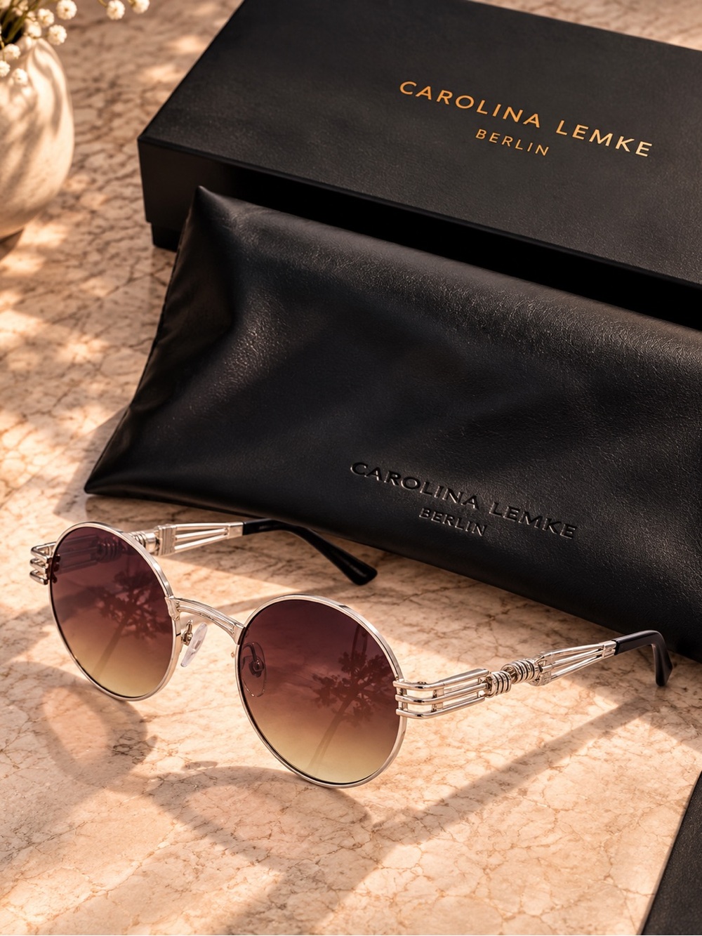 Carolina Lemke Women's Silver Frame Sunglasses with Gradient Brown Lenses